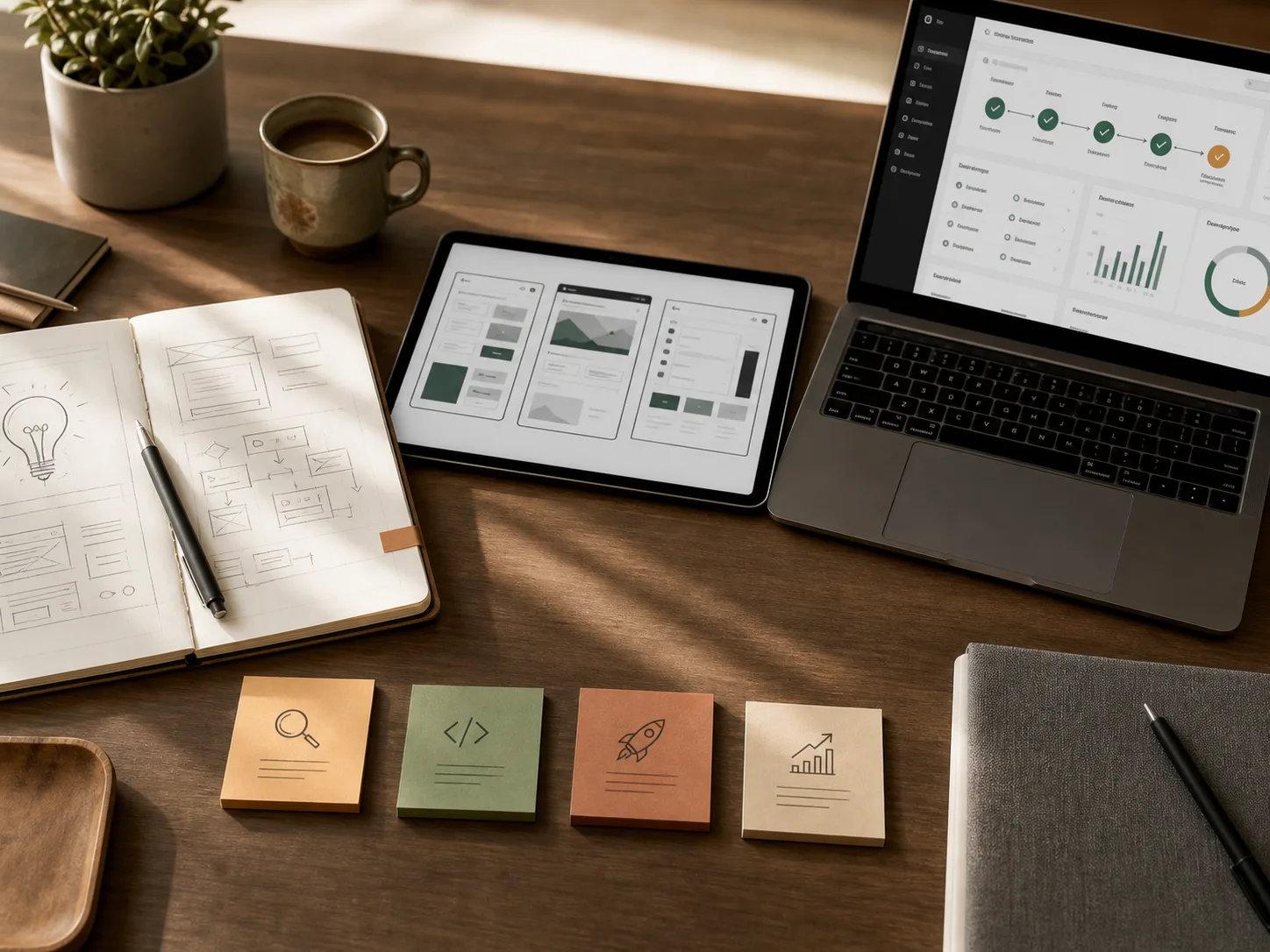 Product strategy desk showing a custom enterprise application workflow